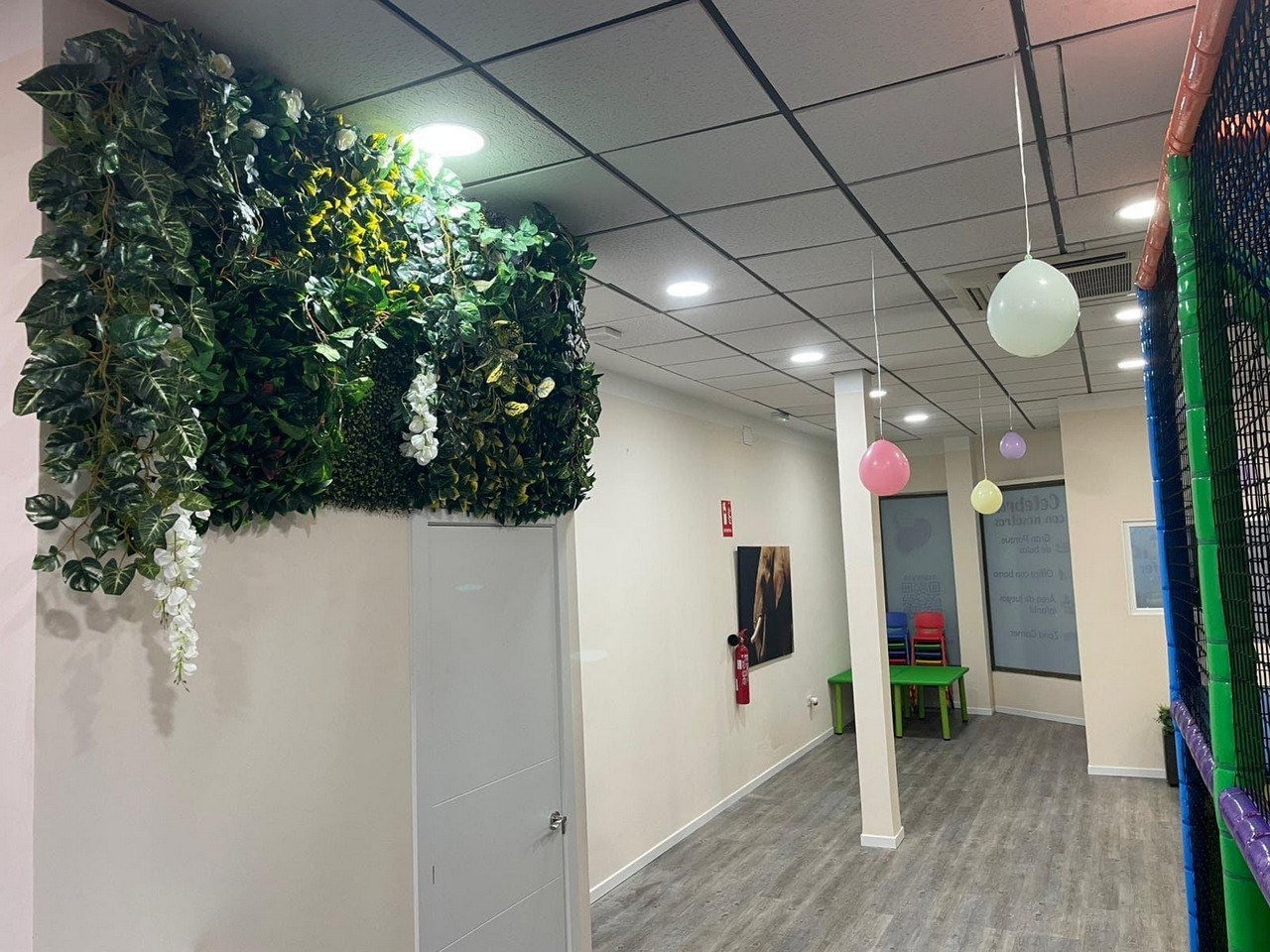 Entrada y zona de paso con decoración vegetal y ambiente luminoso dentro de Sanferland.