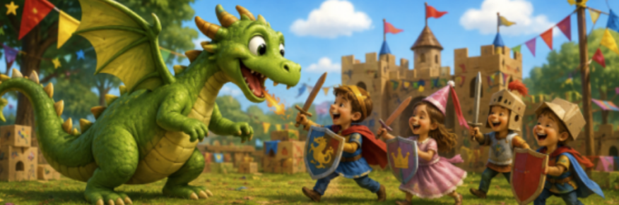 Dragón jugando con niños en una fiesta de cumpleaños infantil